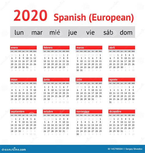 Kalender 2020 Spanje Europese Spaanse Kalender Vector Illustratie