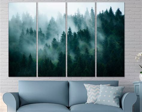 Misty Forest Wall Art Pine Trees Forest In The Fog Large Wall Etsy