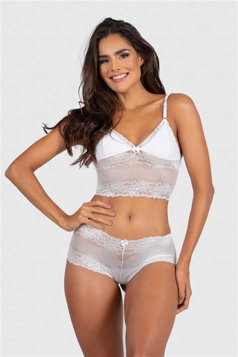 Conjunto Lingerie Cropped Flor Branco Ref P B Kaisan