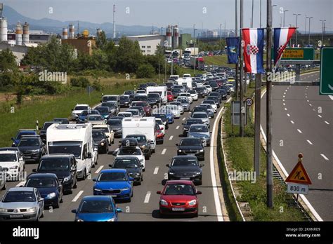 Cars Line Up In Long Tracffic Jam To Enter The A Croatia Highway At