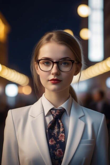 Premium Photo A Pretty European Girl In A Suit And Glasses On A Night Background