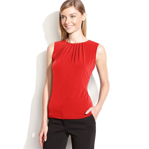 Calvin Klein Sleeveless Pleated Neck Blouse In Red Lyst