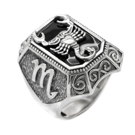 Scorpio Zodiac Mens Signet Ring With Black Enamel Sterling Silver