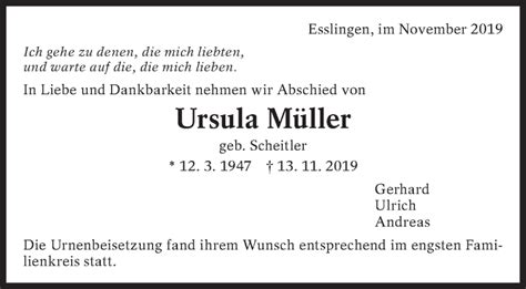 Traueranzeigen Von Ursula M Ller Zeit Des Gedenkens De