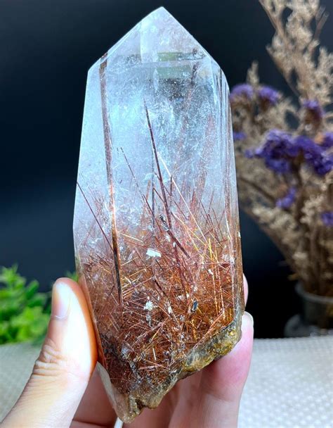 Rare Large Clear Golden Rutilated Inclusions Quartz Point Crystal Tower