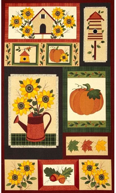 Cotton Quilt Fabric Panel Harvest Song Fall Autumn Pumpkin Sunflowers ...