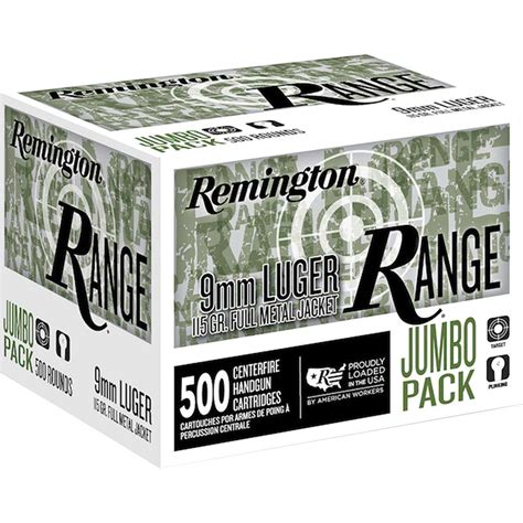 Remington 9mm Luger 115gr Fmj Range Handgun Ammo 500rd Center Mass Inc