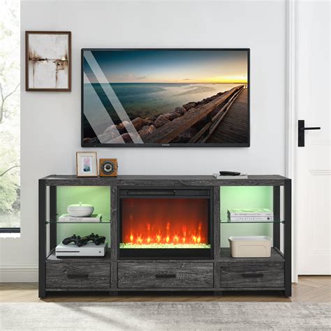 3-IN-1 Fireplace TV Stand with LED Lights, 1400W Electric Fireplace Heater Entertainment Center ...