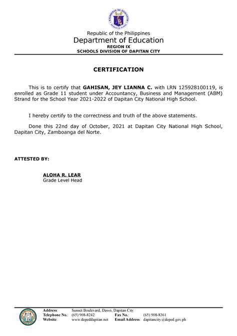 Certification Republic Of The Philippines Department Of Education Region Ix Schools Division