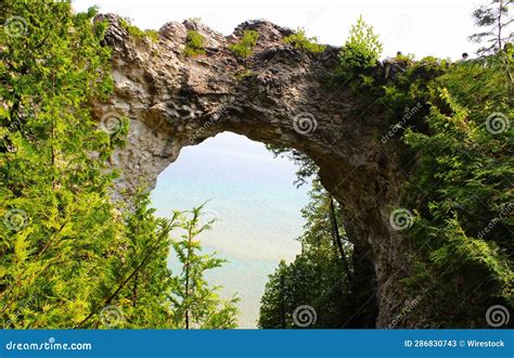 Scenic View Of The Arch Rock At Mackinac Island On A Bright Sunny Day