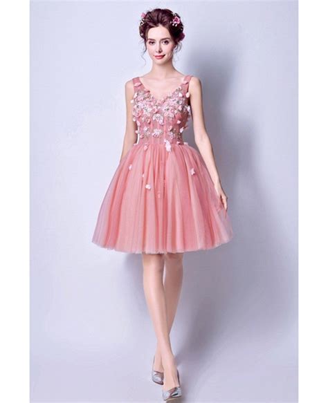 Super Cute Pink Tulle Prom Party Dress Short With Flowers Agp