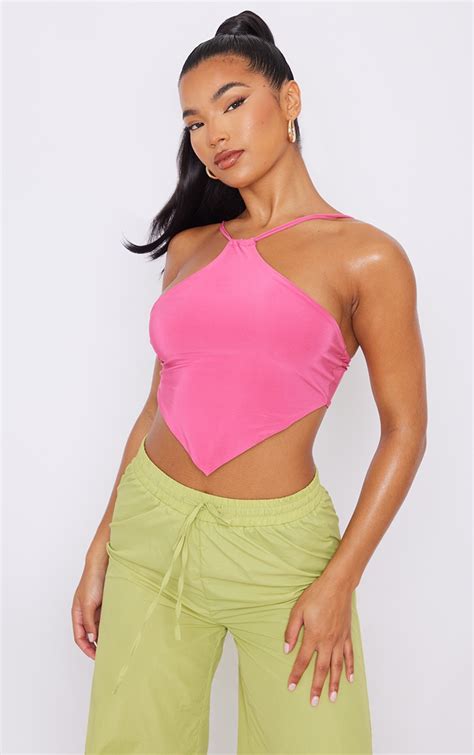 Pink Slinky Ruched Halterneck Crop Top Prettylittlething Usa