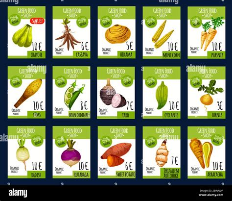 Tarjetas de precios de verduras exóticas para el mercado agrícola