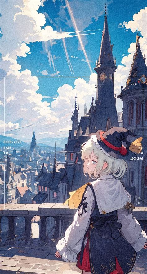 An Anime Scene With A Woman Looking Out Over The City From A Castle