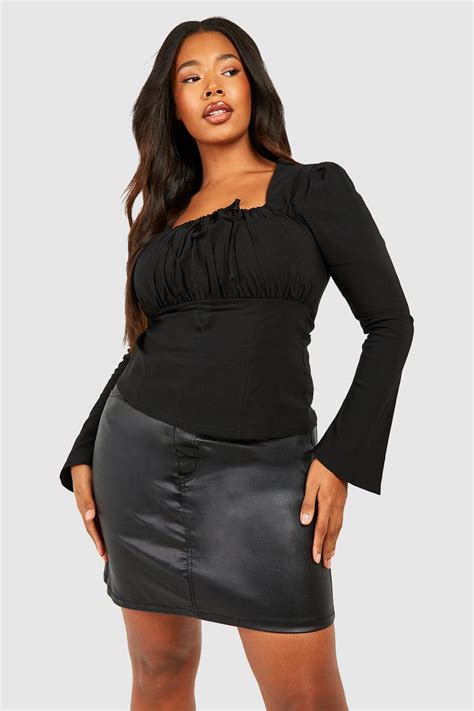 Black Plus Ruched Front Long Sleeve Bengaline Corset Top Boohoo Uk