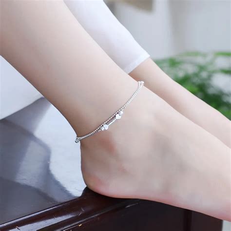 Tjp New Arrival Heart Double Layer Women Silver Anklets Jewelry Trendy