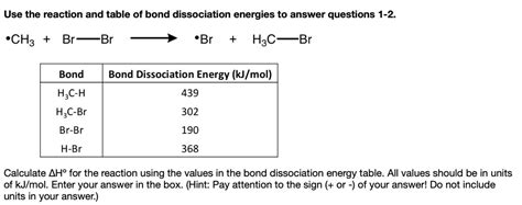 Solveduse The Reaction And Table Of Bond Dissociation Energies To Answer Questions 1 2 Ch3 Br