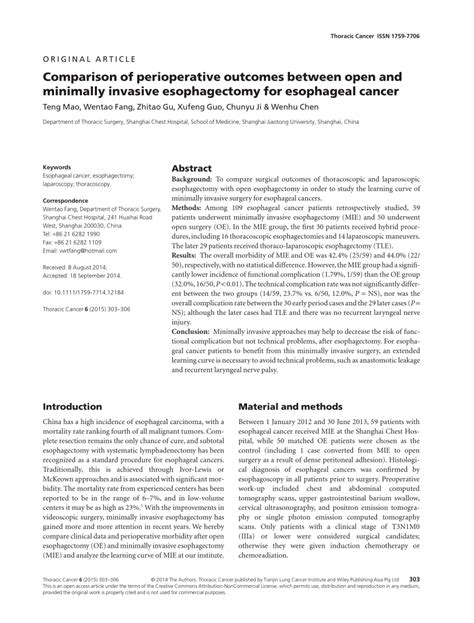 Pdf Comparison Of Peri Operative Outcomes Between Open And Minimally Invasive Esophagectomy