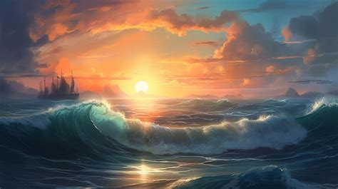 Premium AI Image | A painting of a ship in the ocean with a sunset in ...