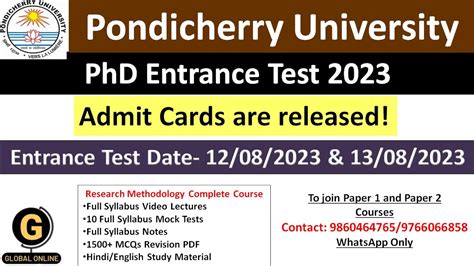 Pondicherry University PhD Entrance Test 2023 Admit Card Released PhD