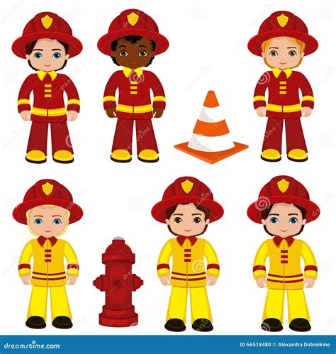 Fire Brigade Cute Boys Cartoon Vector Illustration Stock Vector