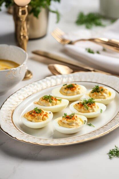 Premium Photo A Plate Of Deviled Eggs Covered With Bechamel Sauce And