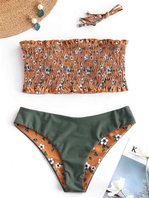 34 OFF 2021 ZAFUL Floral Shirred Reversible Bikini Set In ORANGE