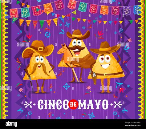 Cinco De Mayo Banner Cartoon Mexican Nachos Chips Cowboy Characters