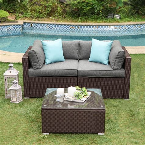 Cosiest 3 Piece Outdoor Loveseat Chocolate Brown Wicker Sectional Sofa