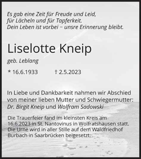 Traueranzeigen Von Liselotte Kneip Trauer Merkur De