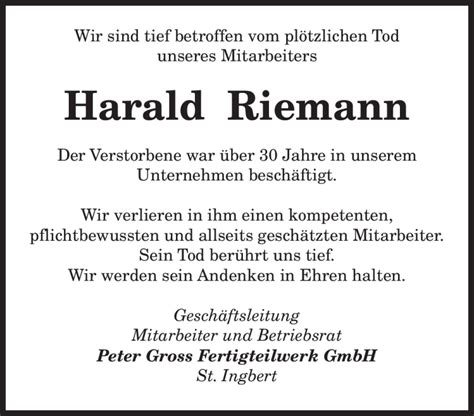 Traueranzeigen Von Harald Riemann Saarbruecker Zeitung Trauer De