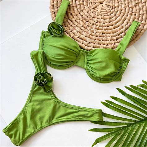 Womens Green Rose Detail Bikini Swimwear Set On Luulla