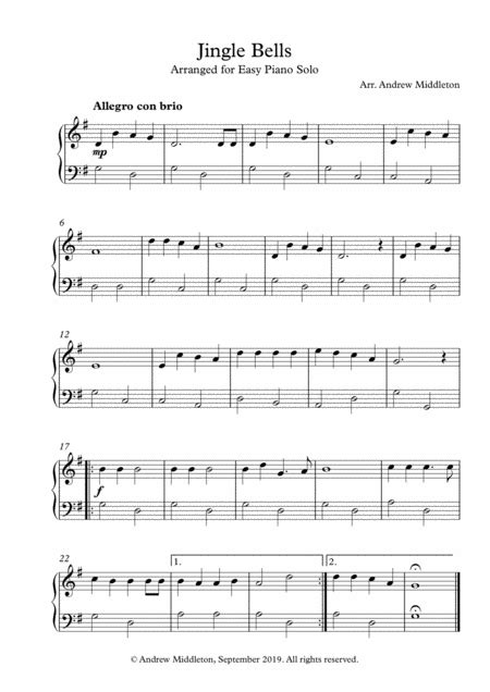 Jingle Bells Arranged For Easy Piano Solo Arr Andrew Middleton By