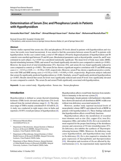 Determination Of Serum Zinc And Phosphorus Levels In Patients With