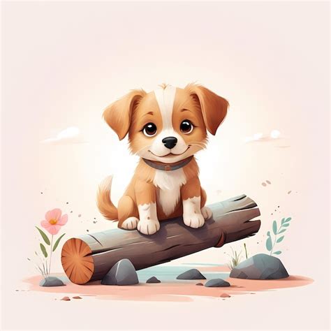 Cute cartoon dog sitting on a log Illustration for your design ...