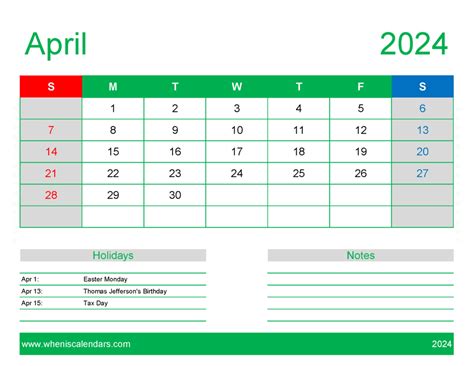 Download Blank April Calendar Template 2024 Letter Horizontal A44168