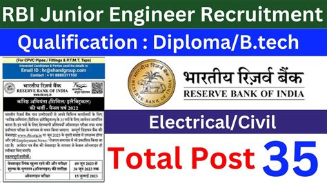 RBI Junior Engineer Recruitment Total Post 35 Diploma B Tech