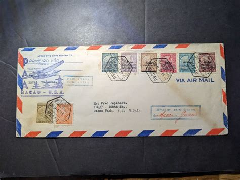 Macau Airmail Overprint First Flight Cover Ffc To Ozone Park Ny