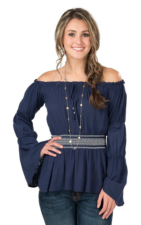 Double Zero Womens Navy Off The Shoulder Long Sleeve Peasant Top Women Fashion Tops Long