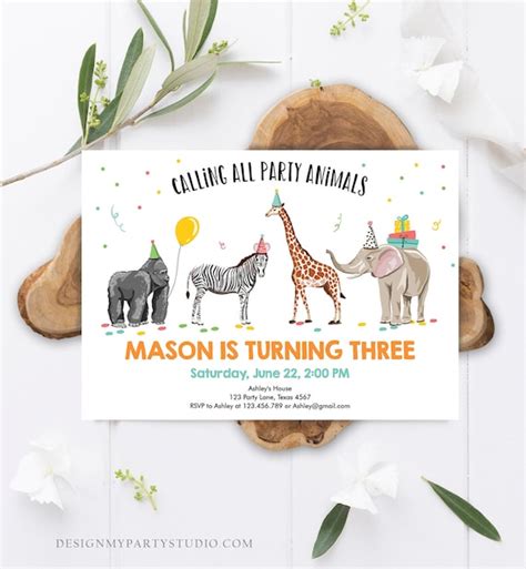 Editable Party Animals Birthday Invitation Wild One Animals Invitation ...