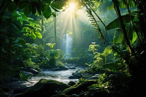 Premium Photo Waterfall In Tropical Forest With Sunbeams And Lens