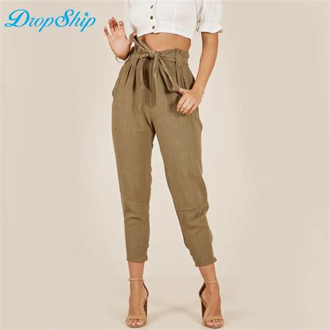 Women Ol Cotton High Waist Harem Pants Bow Tie Drawstring Sweet Elastic