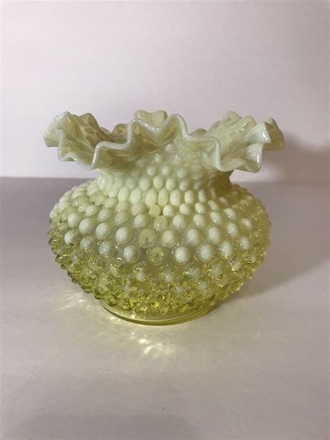 Fenton Topaz Yellow Opalescent Vaseline Hobnail Bowl Vase Across Top 6” Fenton Milk Glass