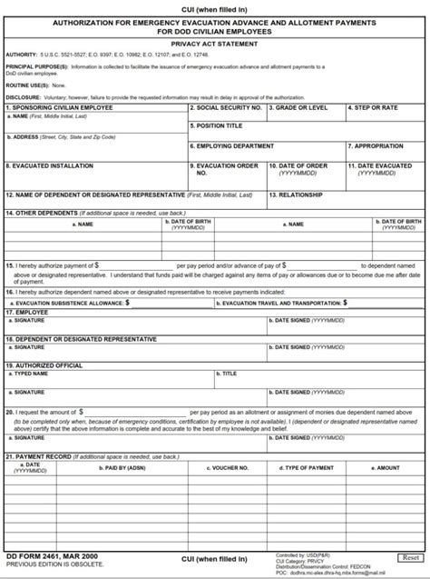 DD Form 2461 Authorization For Emergency Evacuation Advance And