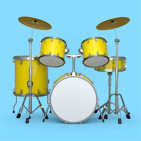 Set Of Realistic Drums With Metal Cymbals On Blue Background 3d Render