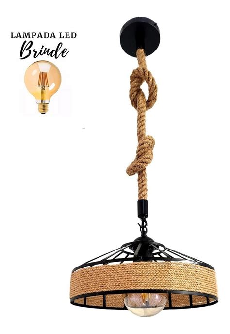 Lumin Ria Pendente Rustico Lustre De Corda Boho Led Brinde