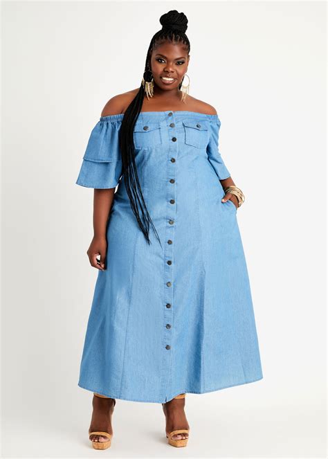 Plus Size Denim Dress Chambray Shirtdress Sexy Plus Size Maxi Dress