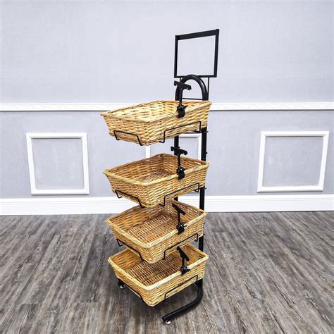 4 Tier Basket Stand Sign Clips Wicker Black 120006 Tiered Basket