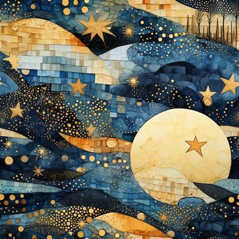 Pintura De Noche Estrellada De Una Luna Llena Y Estrellas En El Cielo