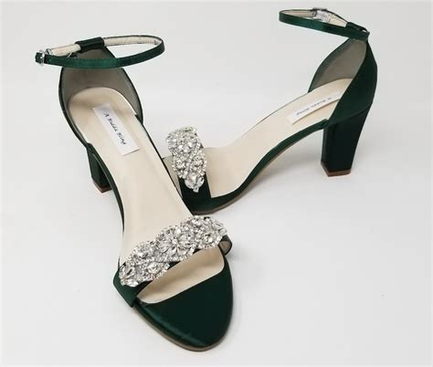 Hunter Green Wedding Shoes Crystals Chunky Heels Hunter Green Etsy Uk